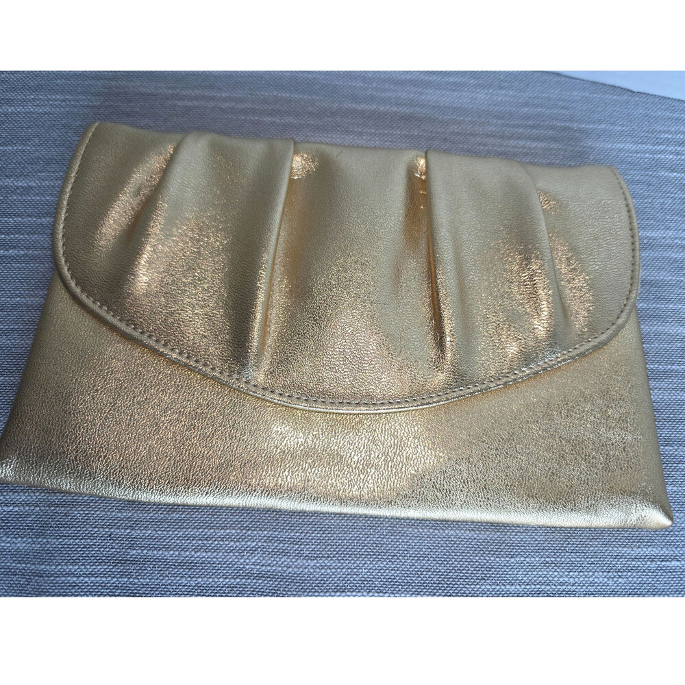 Vintage 1970s Polished Gold Evening Clutch Avon Rounded Pleated Flap Closure